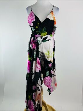 Off White Silk Floral Asymmetric Hem High Low Sash Made in Italy Size 40 IT